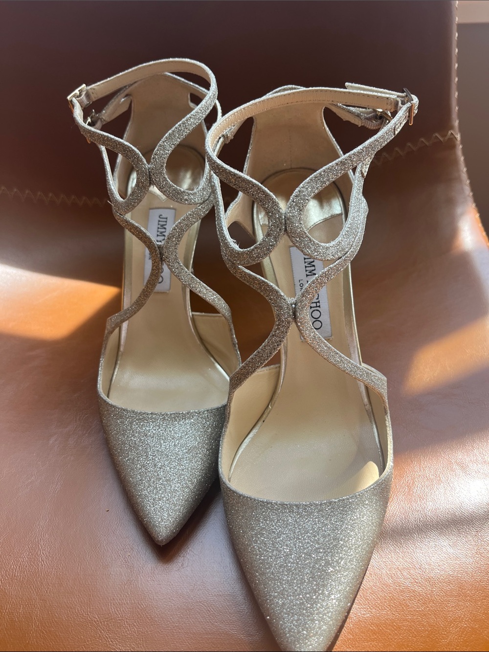 Jimmy Choo Glitter “Lancer” Pointed-Toe Strappy Ankle-Heel in platinum ice